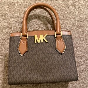 Michael Kors Brown Monogram Satchel with Tan Leather Trim